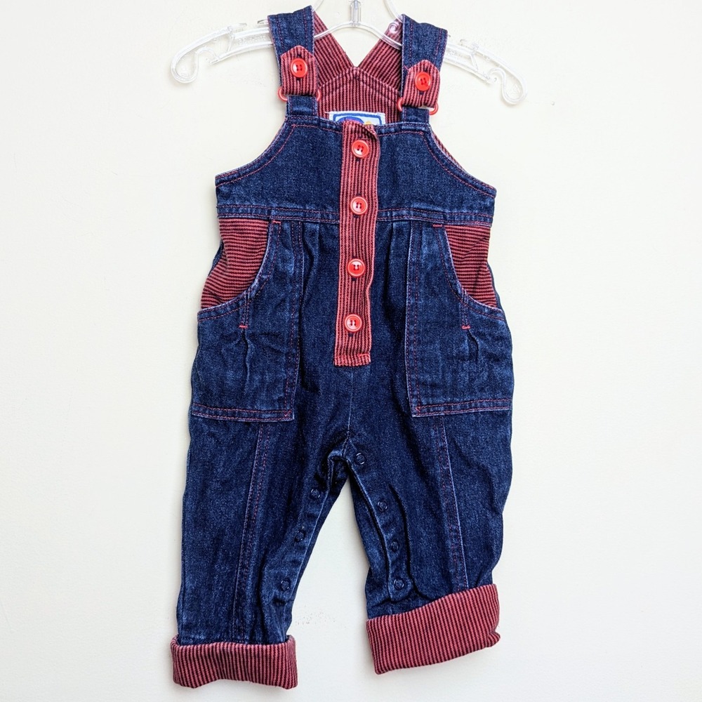 Vintage Bonjour‎ Rainbow Car Racing Denim Overalls 80s Striped Size 12 Months